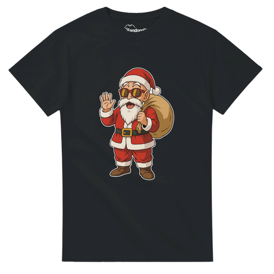 Detalle del estampado Santa-House con Santa anime sonriente y gafas de sol, diseño navideño geek