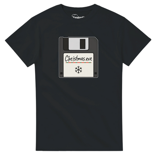 Detalle del estampado Christmas.exe mostrando el icono de disquete en estilo navideño geek
