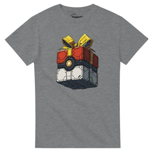 Vista tres cuartos de la camiseta GiftBox Tech Legend, diseño futurista navideño tipo loot box premium
