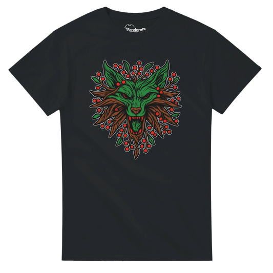 Vista en tres cuartos de la camiseta Lobo Espíritu Invernal, diseño navideño salvaje con hojas y raíces