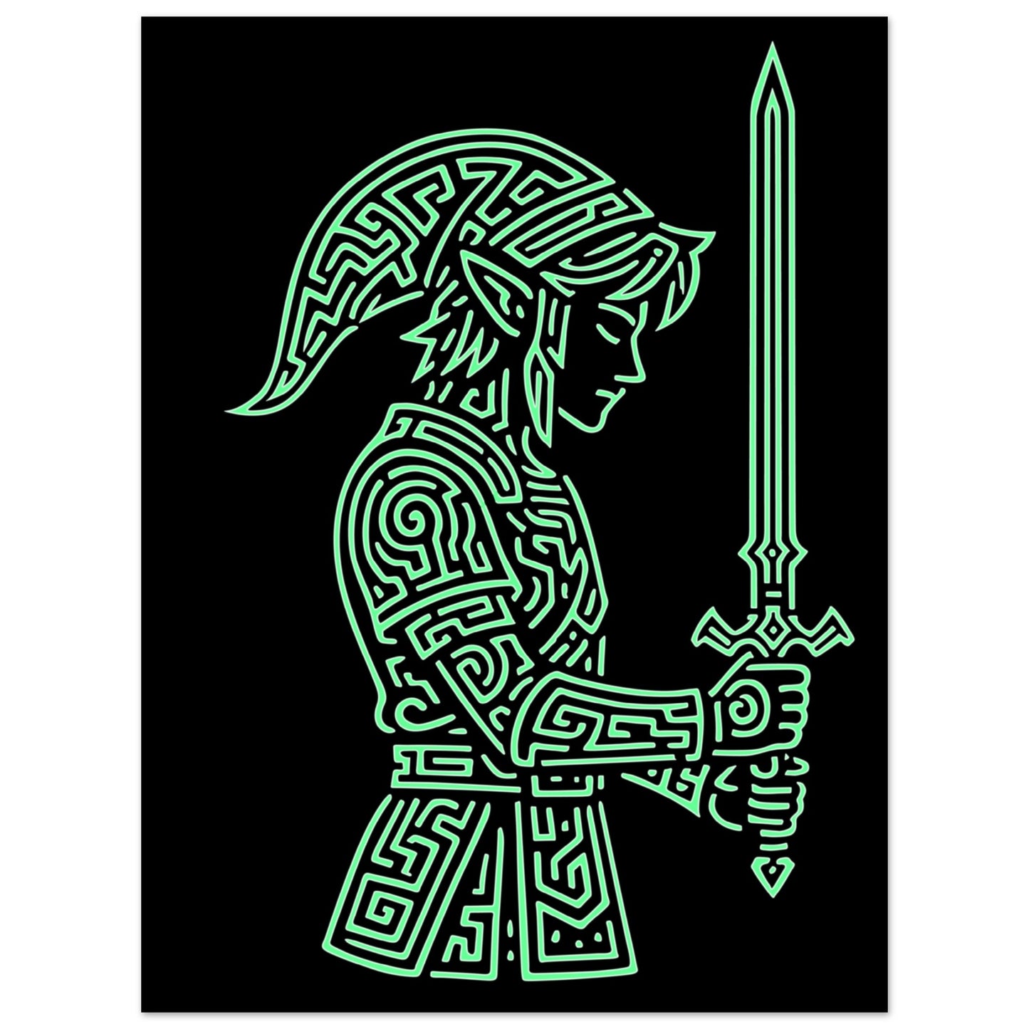 Póster gamer retro 30x40 cm con ilustración line art de un héroe de fantasía, diseño épico en estilo clásico de aventura.