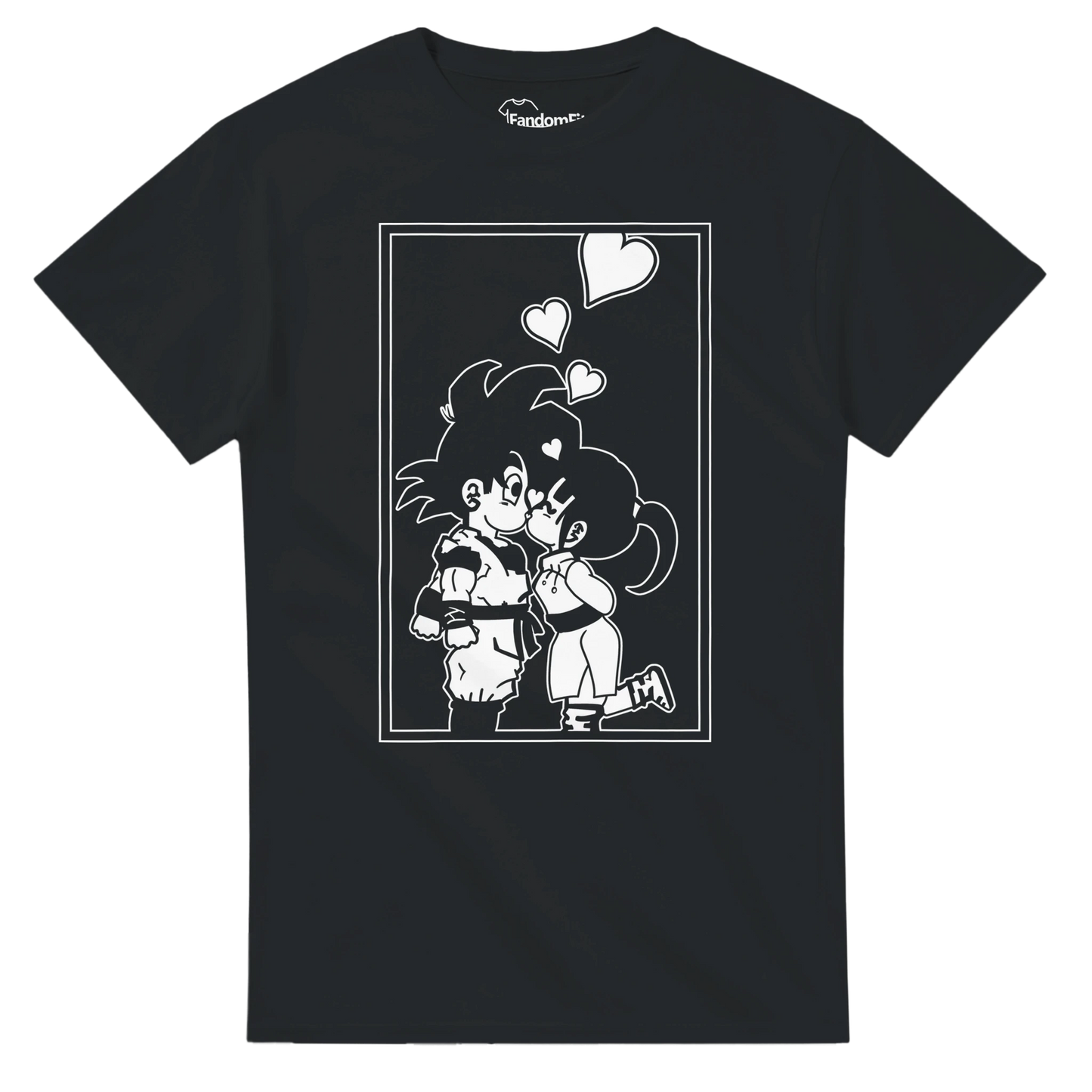 Camiseta anime Beso Chibi Shōnen en blanco y negro con estilo romántico retro – FandomFit