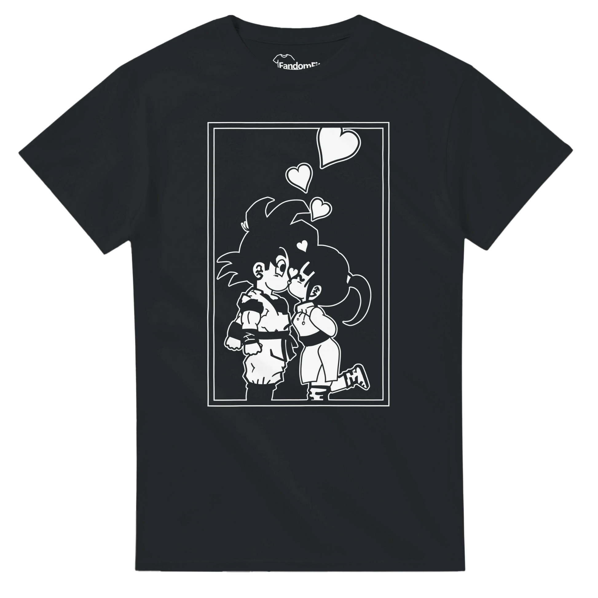 Camiseta anime Beso Chibi Shōnen en blanco y negro con estilo romántico retro – FandomFit