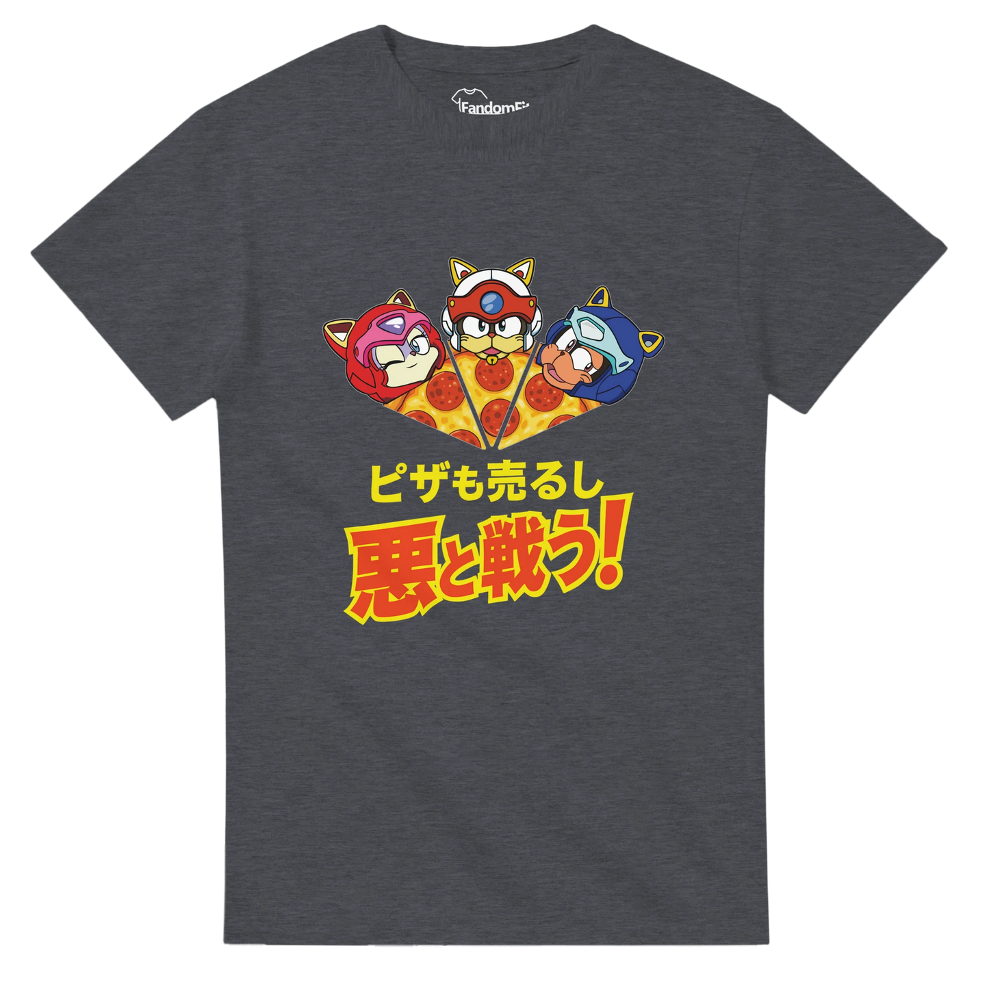 Camiseta anime Nyan Sentai Pizza Squad en vista frontal.