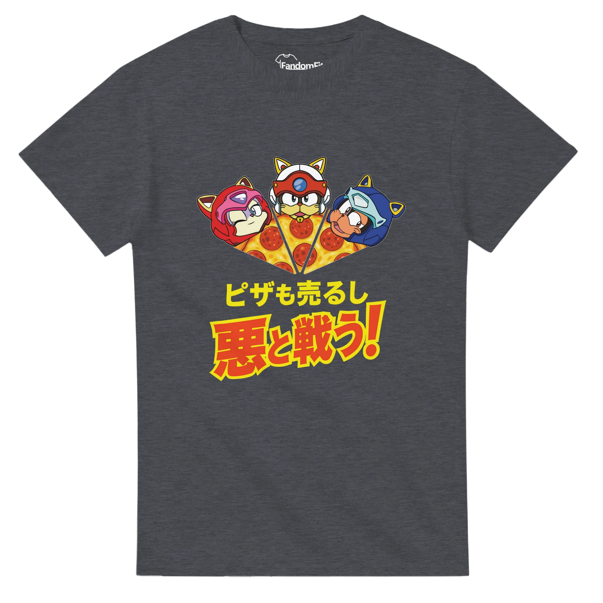 Camiseta anime Nyan Sentai Pizza Squad en vista frontal.