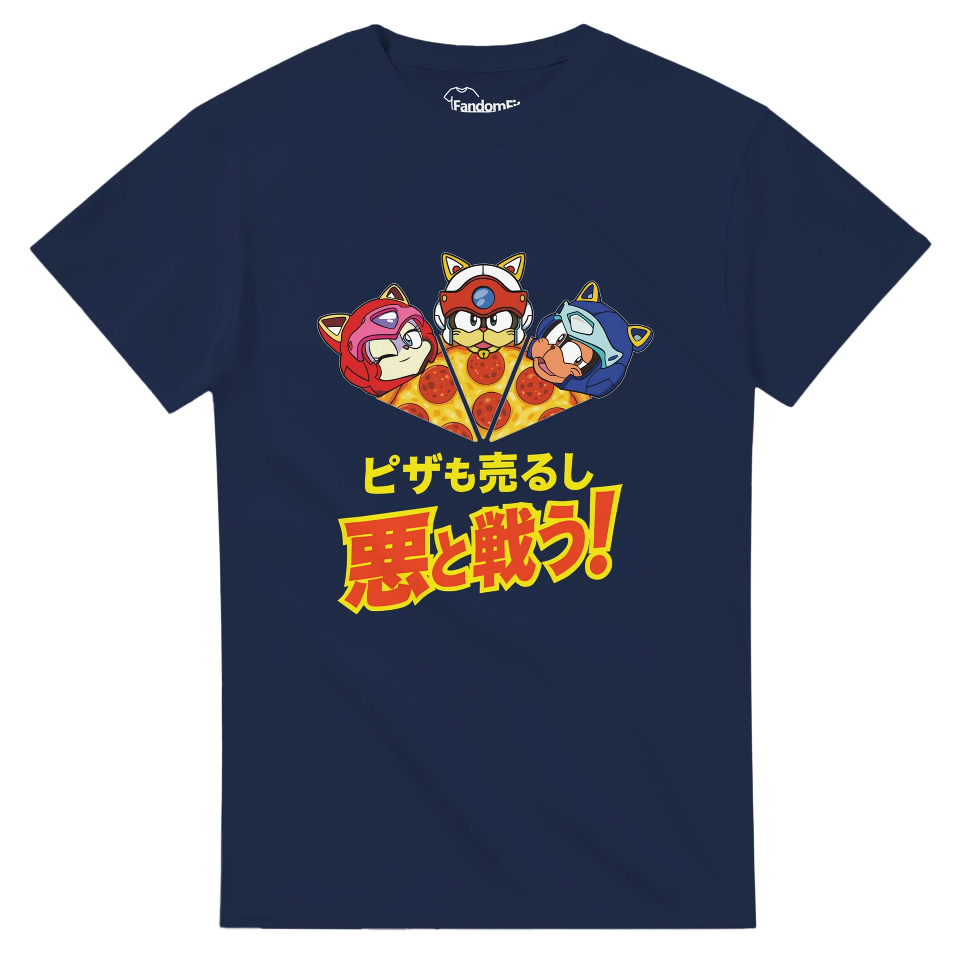 Presentación de camiseta friki con ilustración de gatos y pizza.