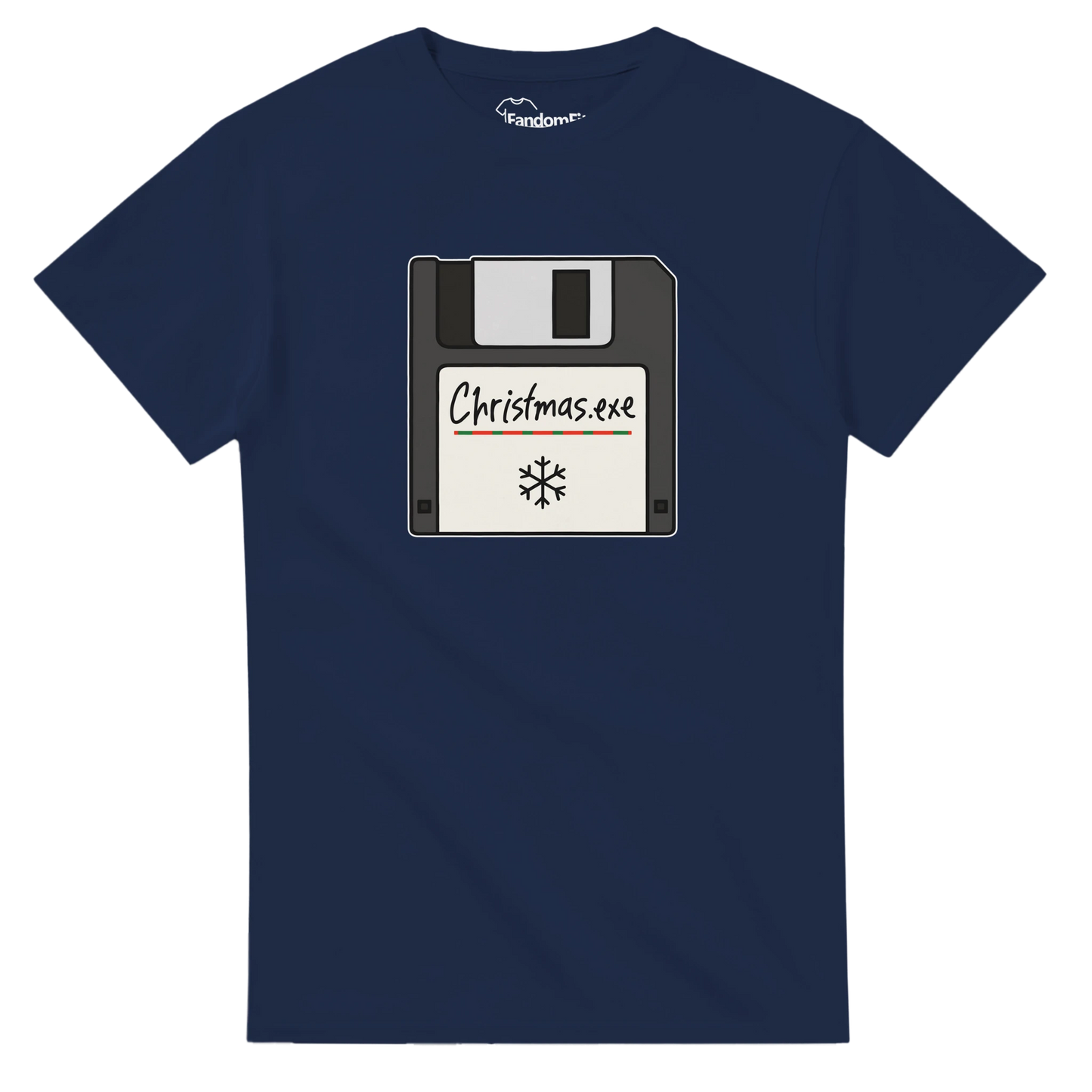 Camiseta friki de Navidad Christmas.exe colocada en plano sobre fondo neutro para apreciar la ilustración