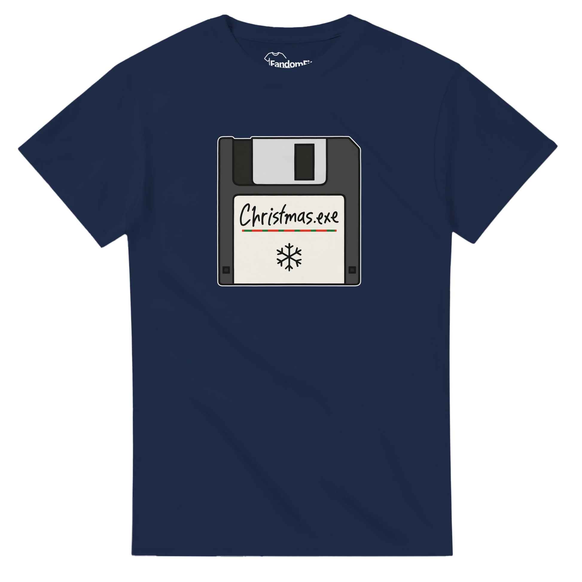 Camiseta friki de Navidad Christmas.exe colocada en plano sobre fondo neutro para apreciar la ilustración