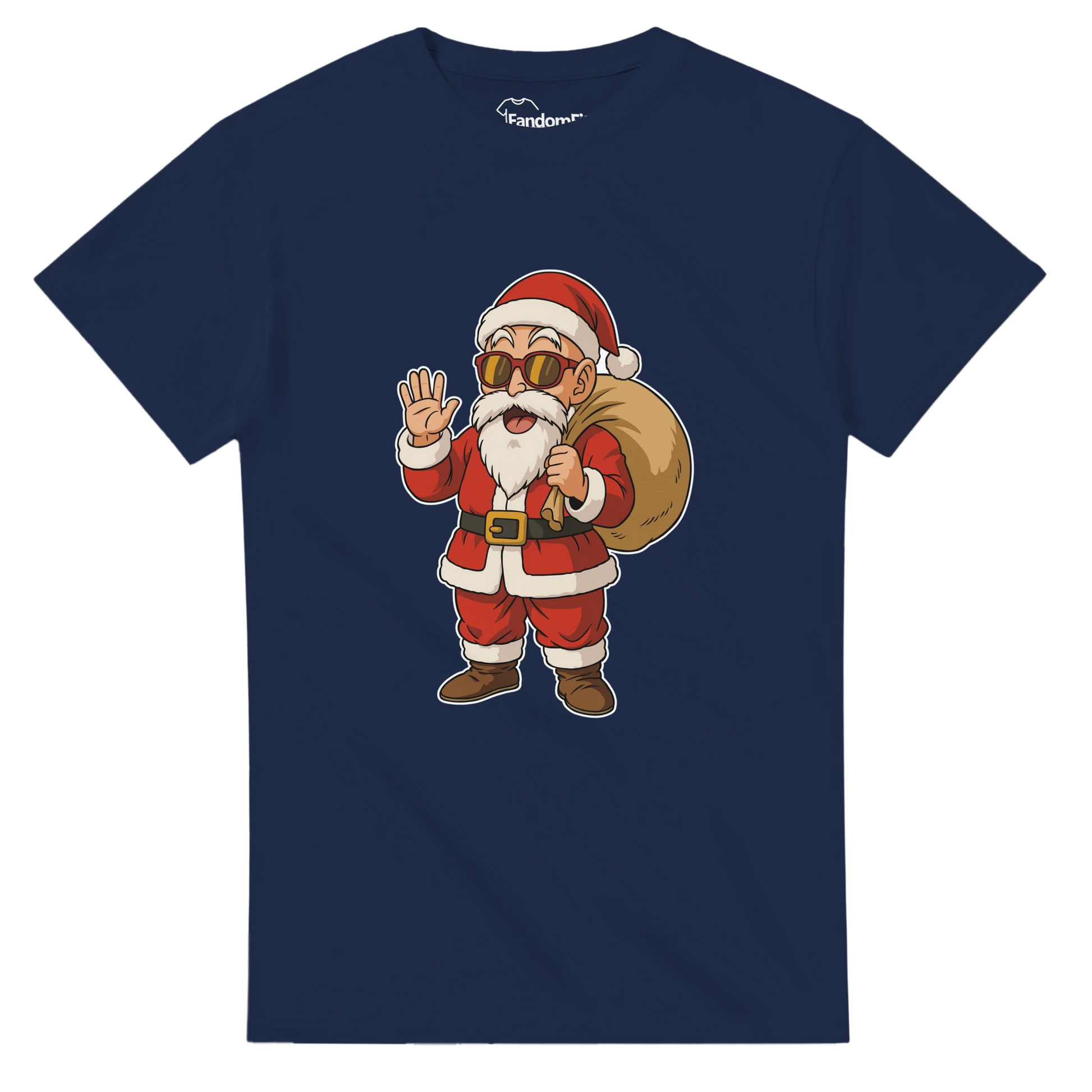 Camiseta friki de Navidad Santa-House colocada en plano para mostrar la ilustración completa estilo cartoon