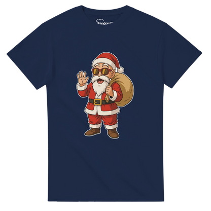 Camiseta friki de Navidad Santa-House colocada en plano para mostrar la ilustración completa estilo cartoon