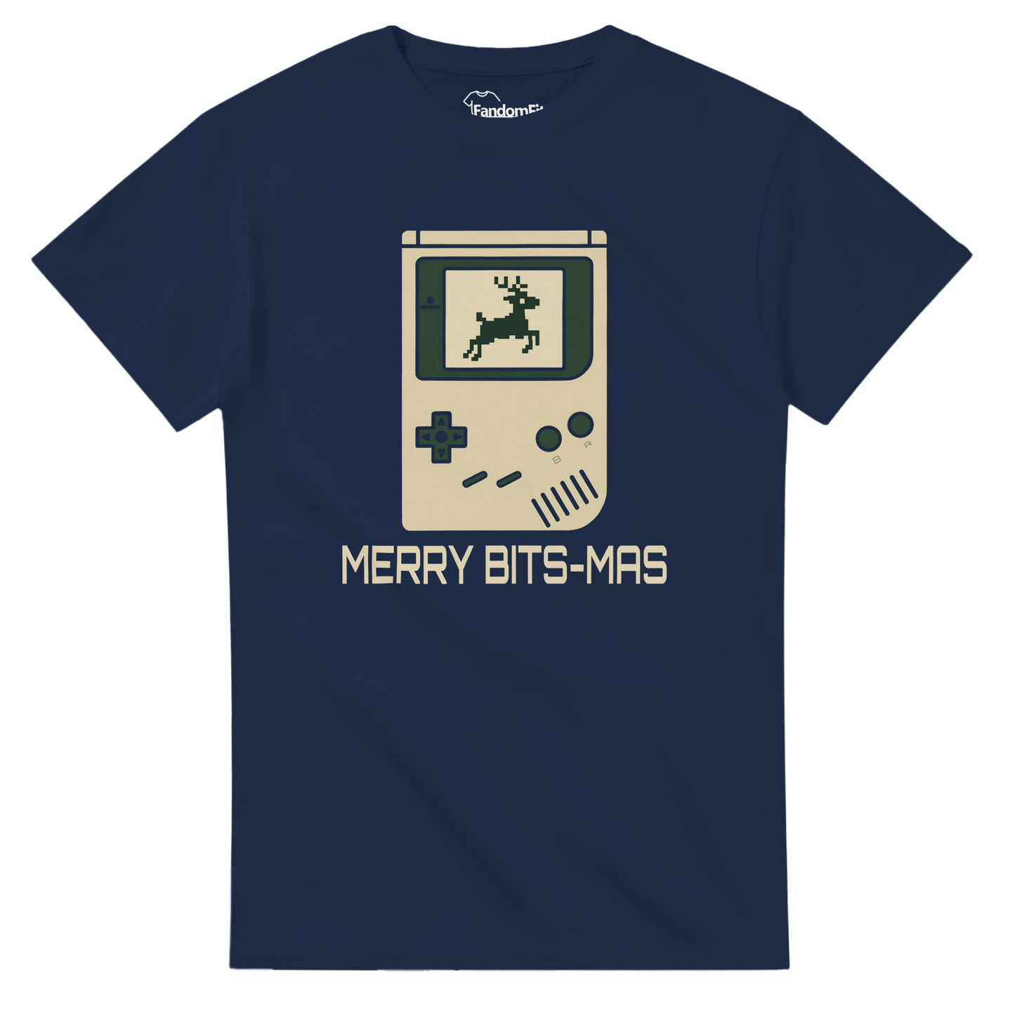 Camiseta friki navideña Merry Bits-Mas con diseño retro gamer en 8-bits vista frontal.