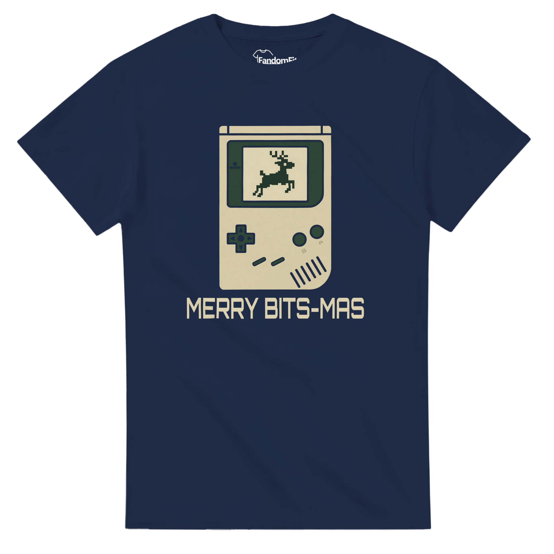 Camiseta friki navideña Merry Bits-Mas con diseño retro gamer en 8-bits vista frontal.