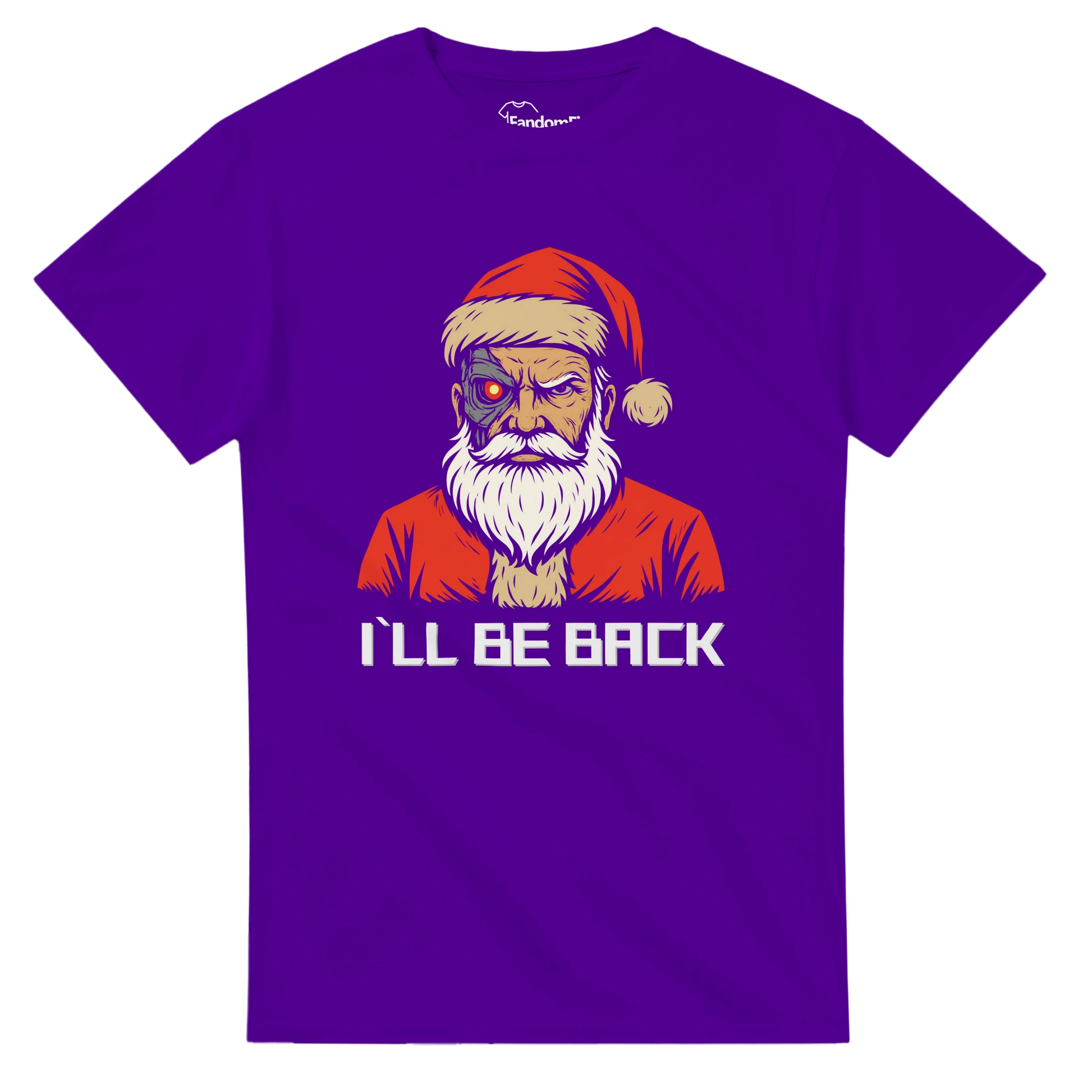 Camiseta navideña geek Santa Cyborg en flatlay sobre fondo morado