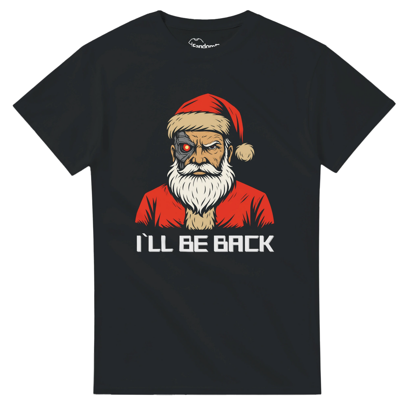 Camiseta friki navideña Santa Cyborg “I’ll Be Back” vista frontal, diseño retro sci-fi en rojo