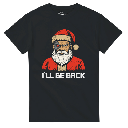 Camiseta friki navideña Santa Cyborg “I’ll Be Back” vista frontal, diseño retro sci-fi en rojo