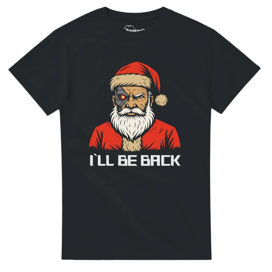Camiseta friki navideña Santa Cyborg “I’ll Be Back” vista frontal, diseño retro sci-fi en rojo