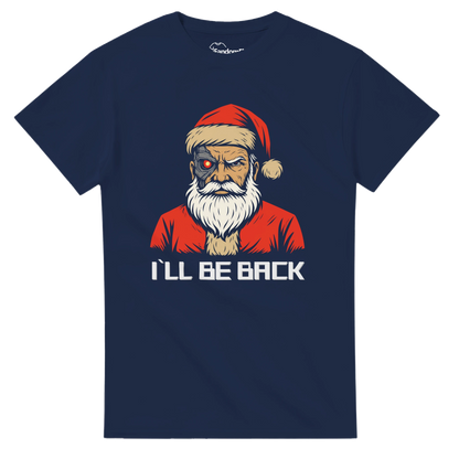 Detalle del estampado Santa Cyborg con ojo luminoso y tipografía ochentera