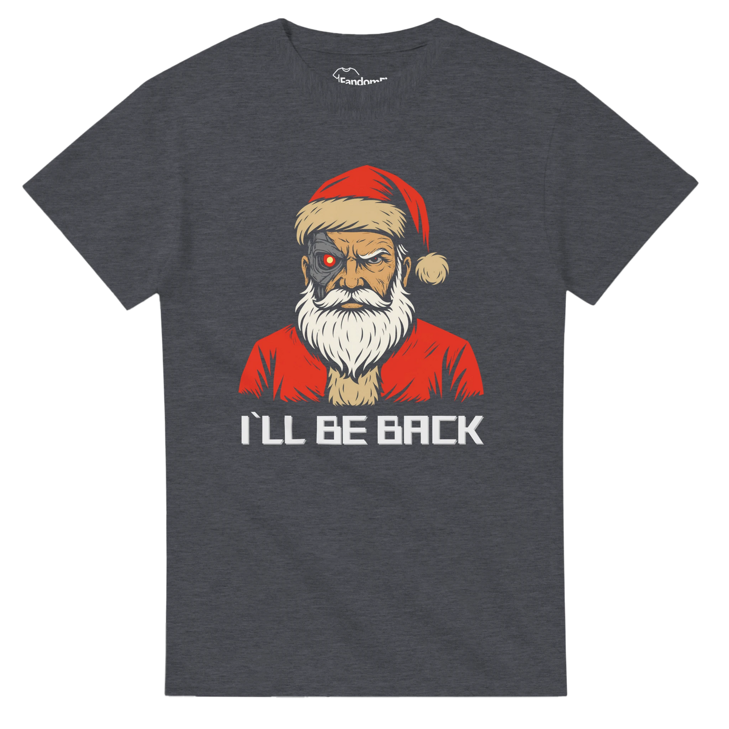 Camiseta navideña geek Santa Cyborg en flatlay sobre fondo gris