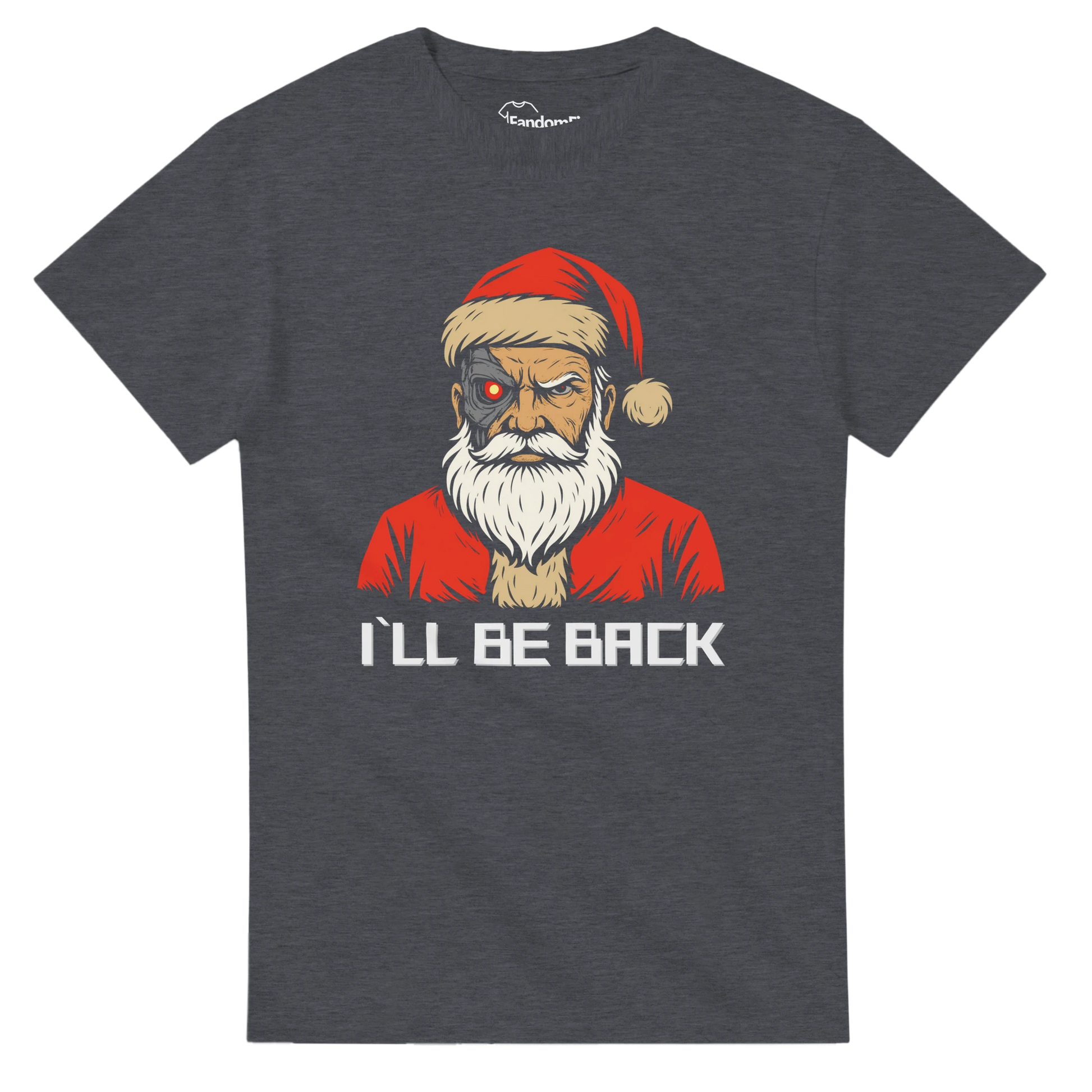 Camiseta navideña geek Santa Cyborg en flatlay sobre fondo gris