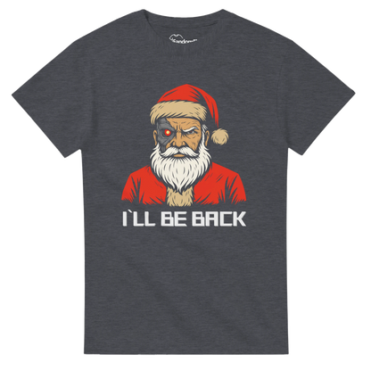 Camiseta navideña geek Santa Cyborg en flatlay sobre fondo gris