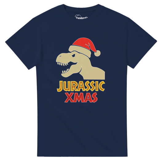 Camiseta friki navideña Jurassic Xmas – vista frontal con dinosaurio y gorro