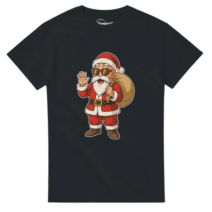 Detalle del estampado Santa-House con Santa anime sonriente y gafas de sol, diseño navideño geek