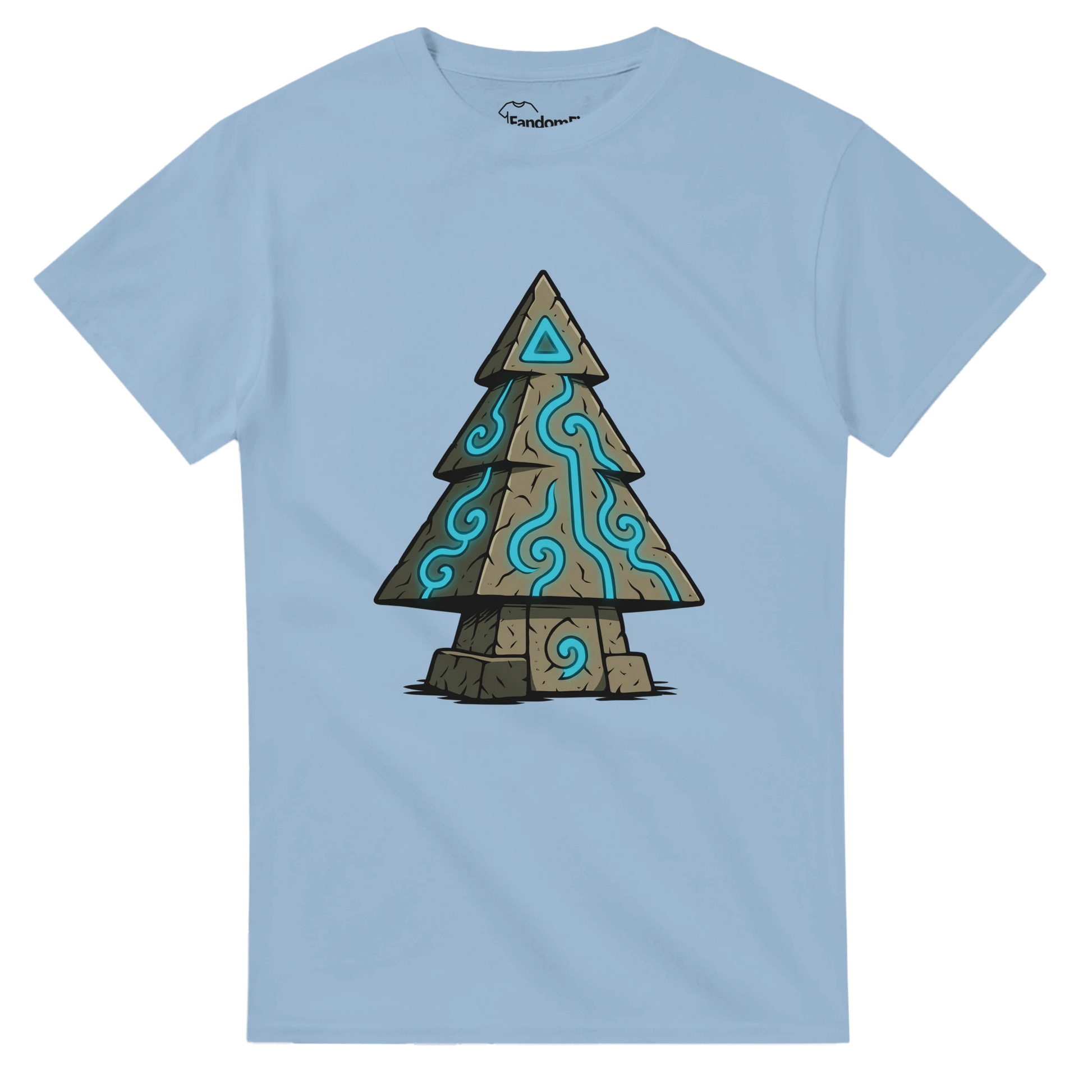 Camiseta friki navideña Árbol de Runas Ancestrales negra, diseño de abeto de piedra con runas azules, vista frontal – FandomFit