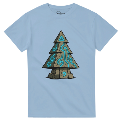 Camiseta friki navideña Árbol de Runas Ancestrales negra, diseño de abeto de piedra con runas azules, vista frontal – FandomFit