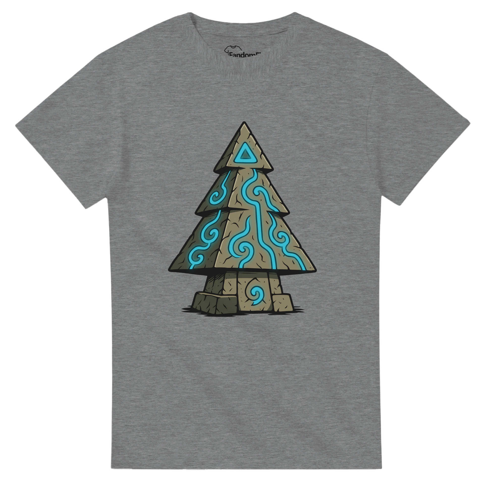 Vista en perspectiva de la camiseta Árbol de Runas Ancestrales, abeto rúnico azul sobre fondo oscuro