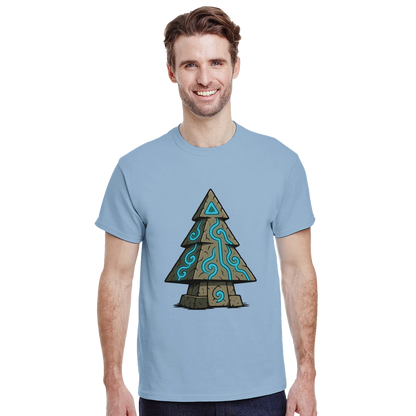 Modelo hombre en vista tres cuartos luciendo camiseta Árbol de Runas Ancestrales, diseño mágico con runas brillantes
