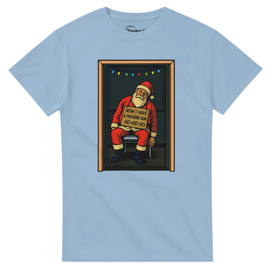 Camiseta navideña friki con diseño retro de Papá Noel en ascensor.