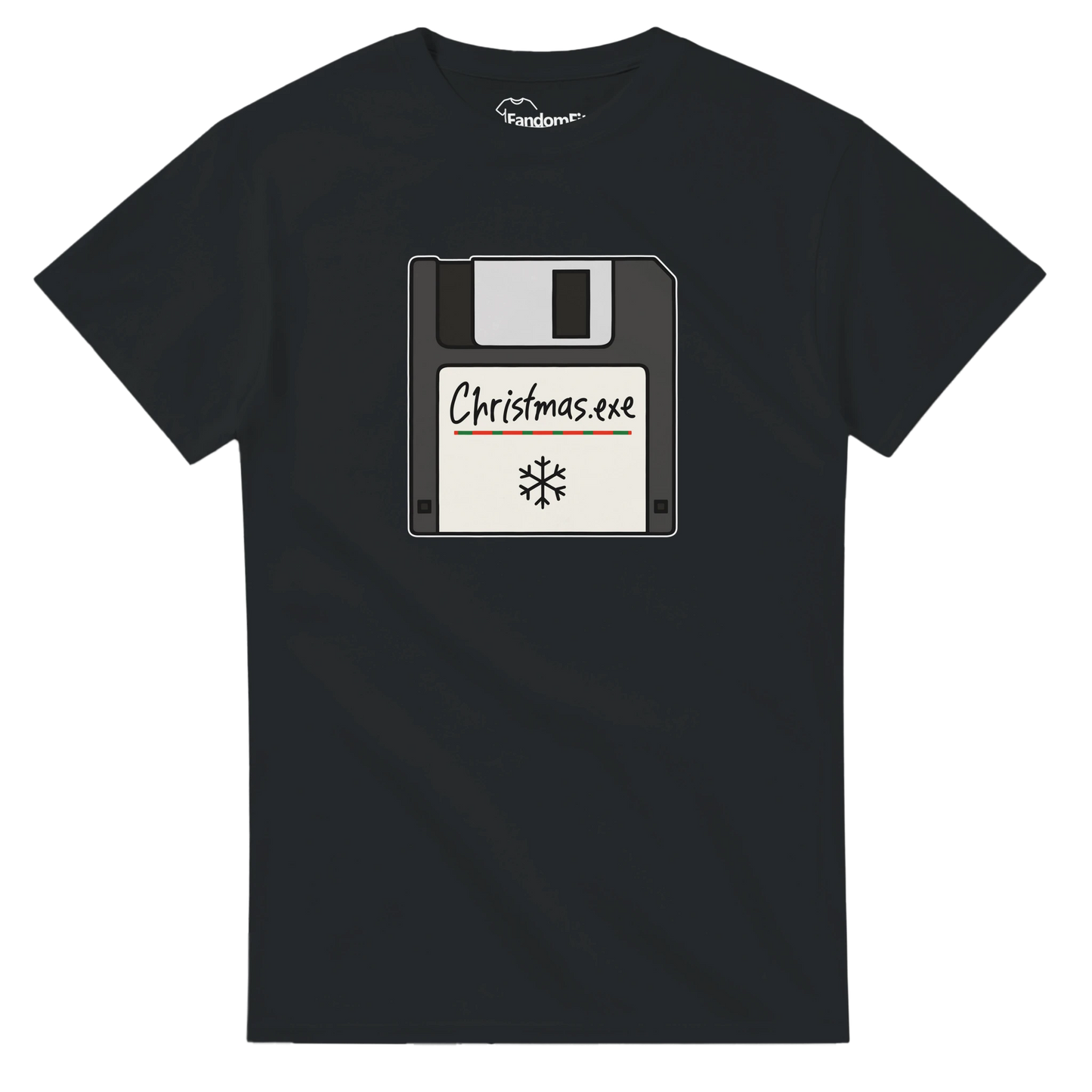 Detalle del estampado Christmas.exe mostrando el icono de disquete en estilo navideño geek