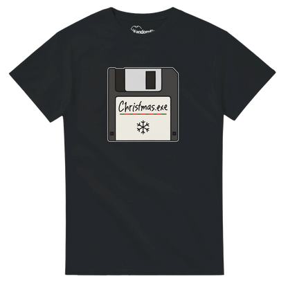 Detalle del estampado Christmas.exe mostrando el icono de disquete en estilo navideño geek