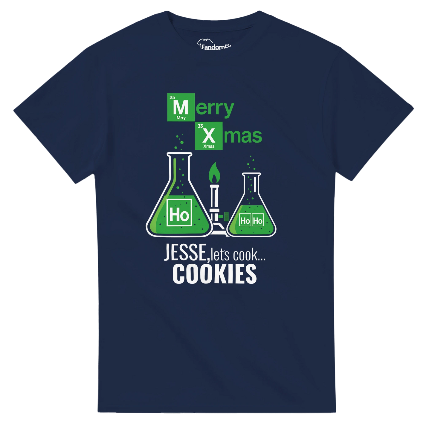 Detalle del diseño navideño friki con matraces y burbujas verdes estilo laboratorio