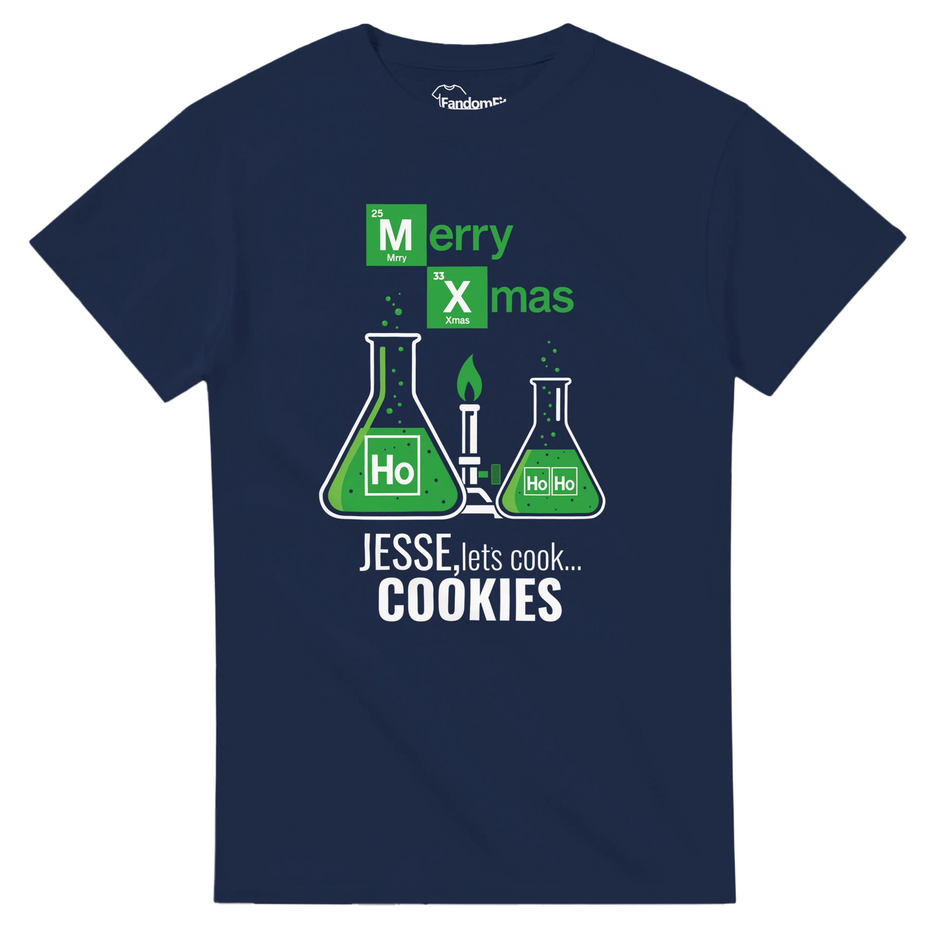 Detalle del diseño navideño friki con matraces y burbujas verdes estilo laboratorio