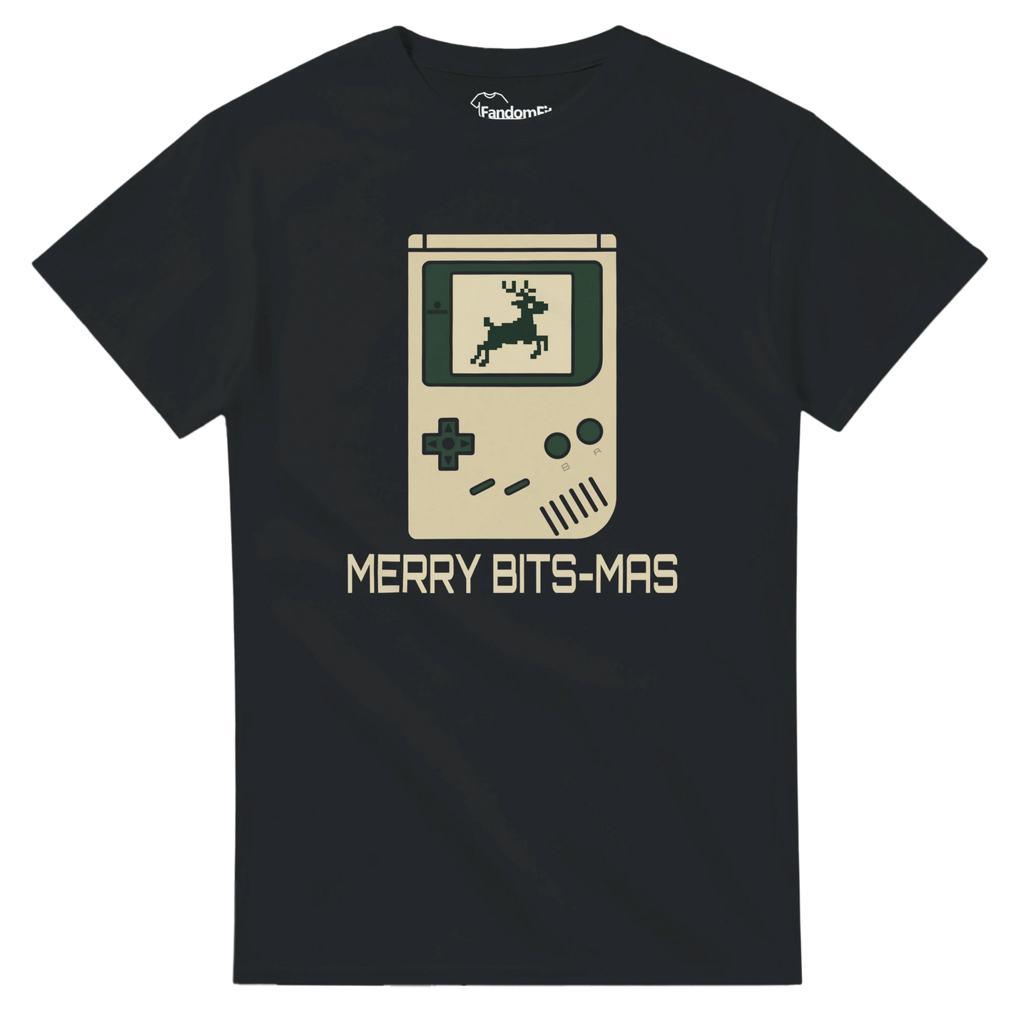 Detalle del diseño Merry Bits-Mas con reno pixelado en consola retro.