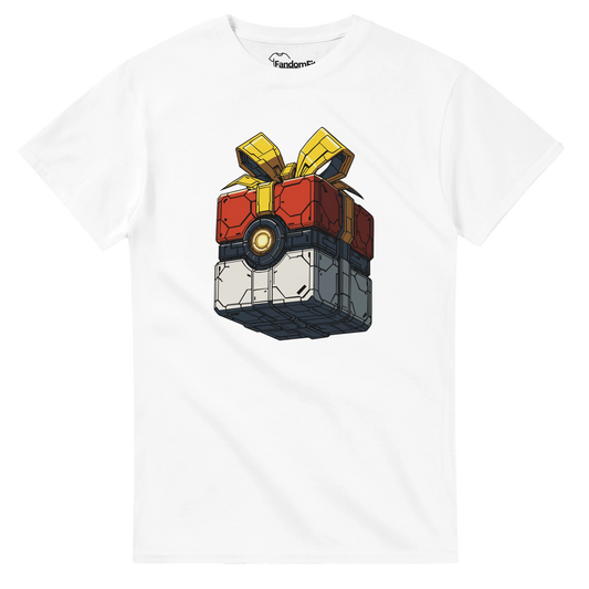 Camiseta friki navideña GiftBox Tech Legend negra, caja tecnológica roja y blanca con lazo dorado, vista frontal