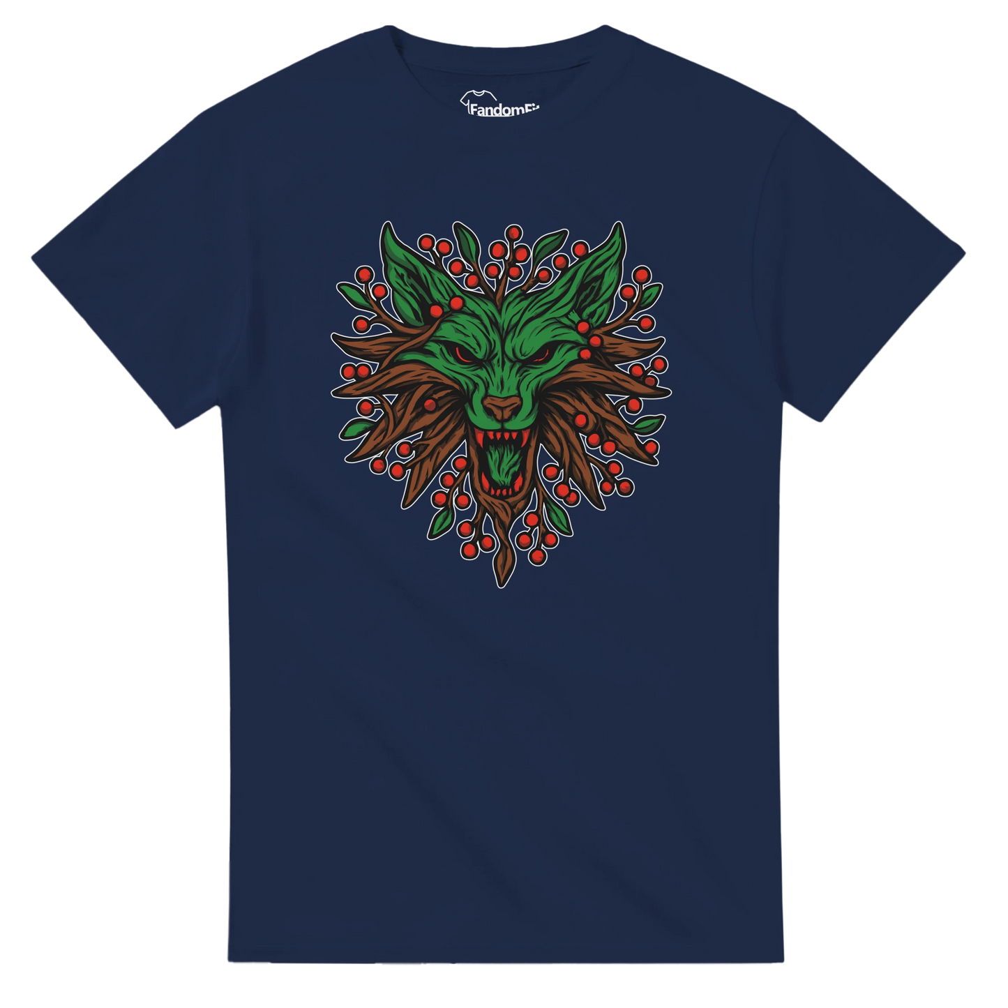 Detalle del estampado Lobo Espíritu Invernal, rostro vegetal con mirada roja y bayas festivas