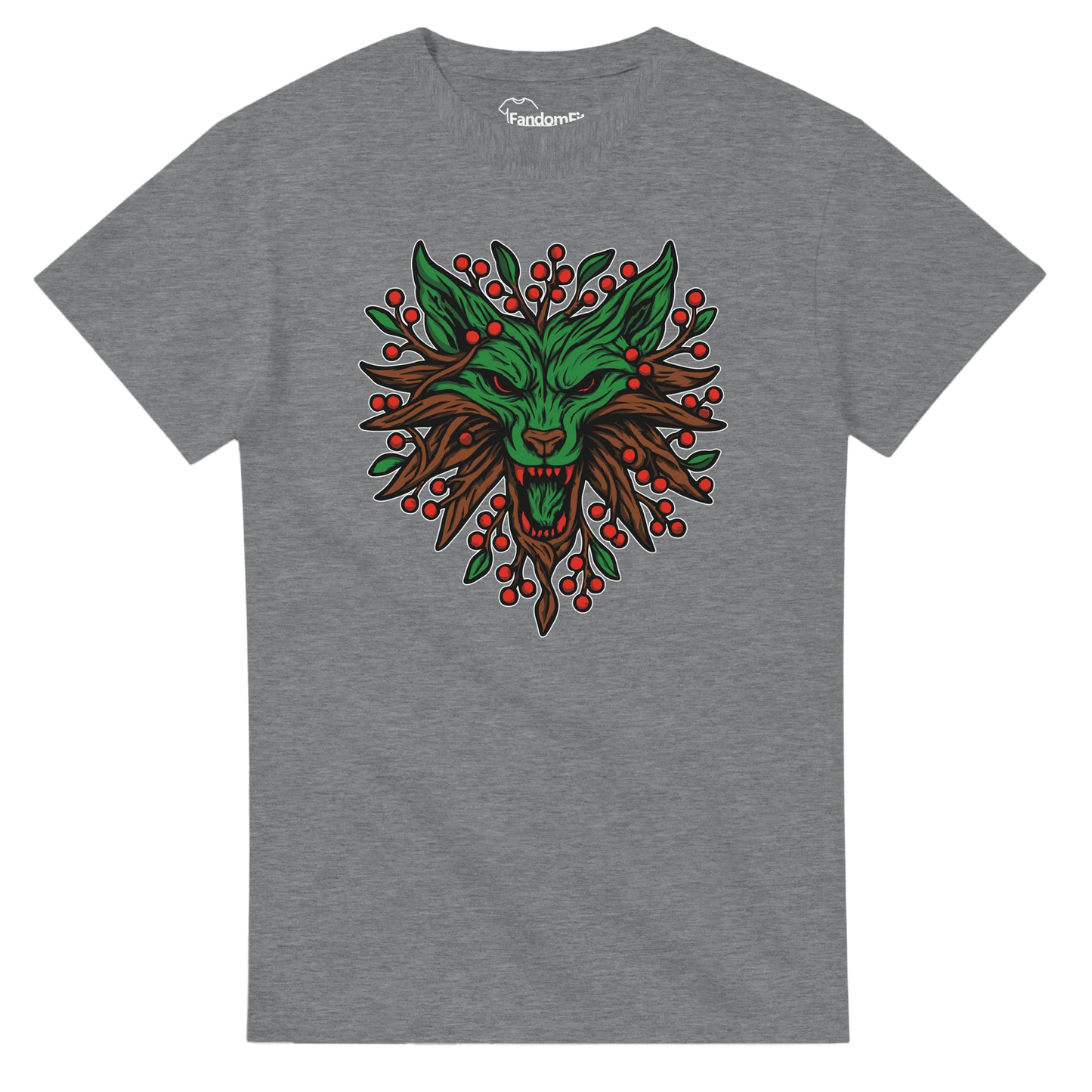 Camiseta friki navideña Lobo Espíritu Invernal negra, diseño de lobo vegetal con hojas y bayas rojas, vista frontal