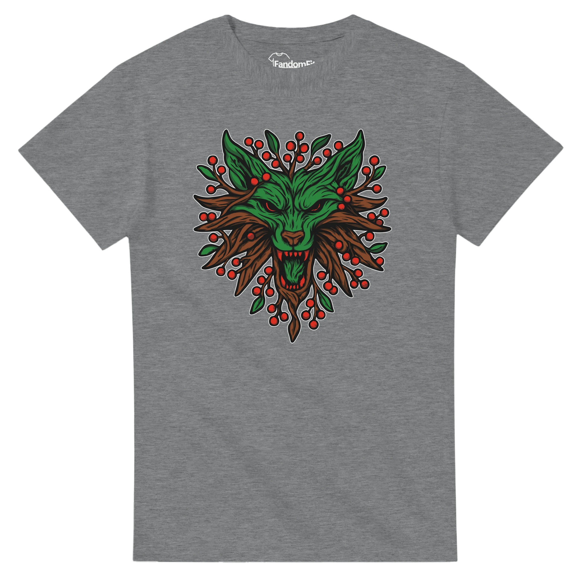 Camiseta friki navideña Lobo Espíritu Invernal negra, diseño de lobo vegetal con hojas y bayas rojas, vista frontal