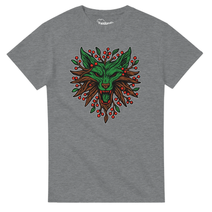 Camiseta friki navideña Lobo Espíritu Invernal negra, diseño de lobo vegetal con hojas y bayas rojas, vista frontal