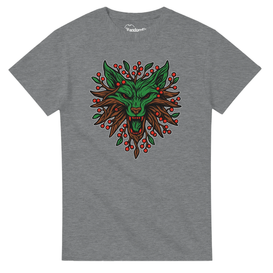 Camiseta friki navideña Lobo Espíritu Invernal negra, diseño de lobo vegetal con hojas y bayas rojas, vista frontal