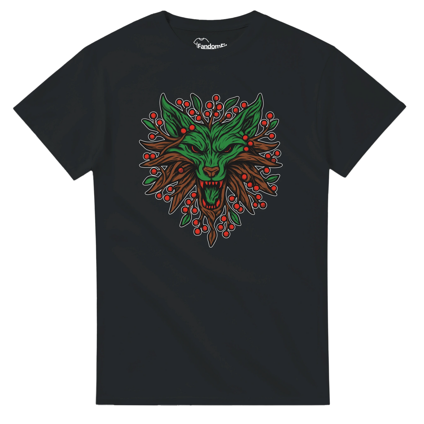 Vista en tres cuartos de la camiseta Lobo Espíritu Invernal, diseño navideño salvaje con hojas y raíces