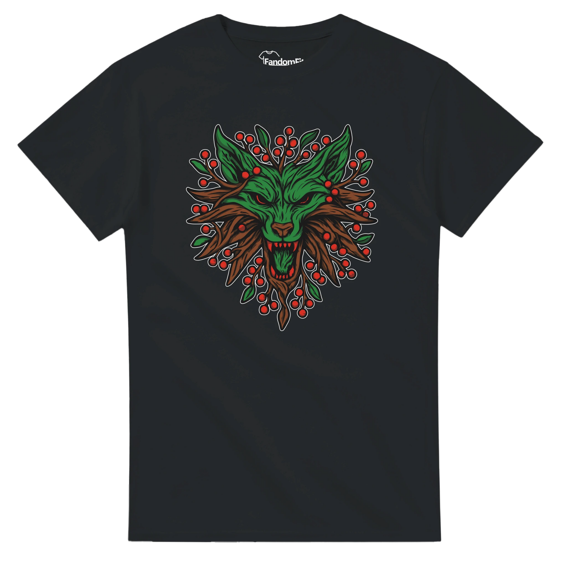 Vista en tres cuartos de la camiseta Lobo Espíritu Invernal, diseño navideño salvaje con hojas y raíces