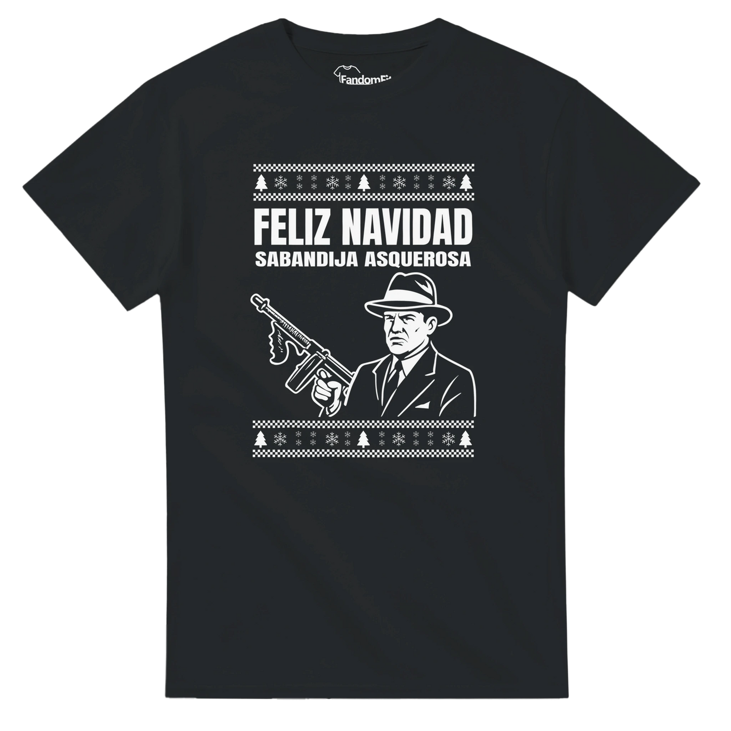 Camiseta navideña friki con ilustración gangster sobre fondo oscuro