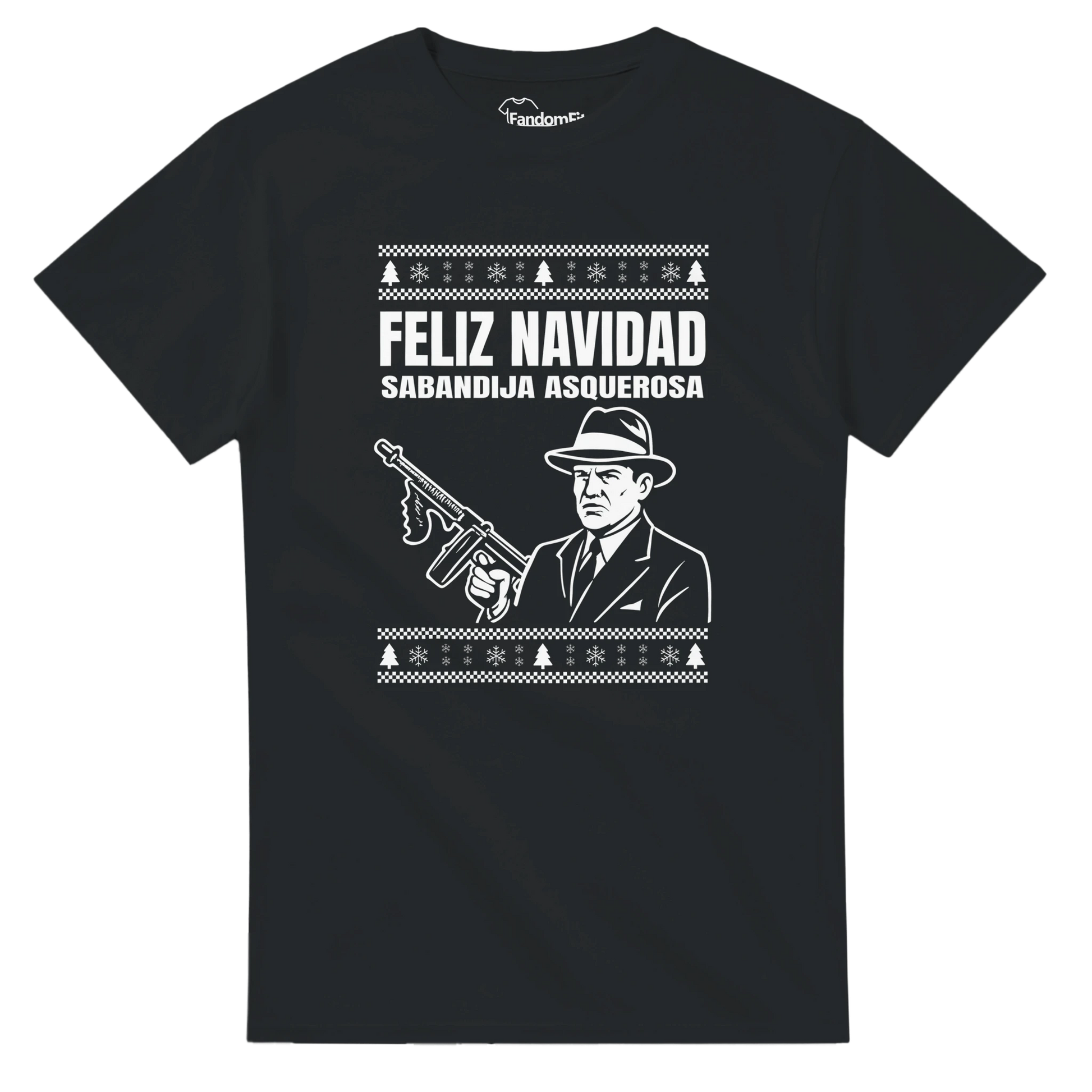 Camiseta navideña friki con ilustración gangster sobre fondo oscuro