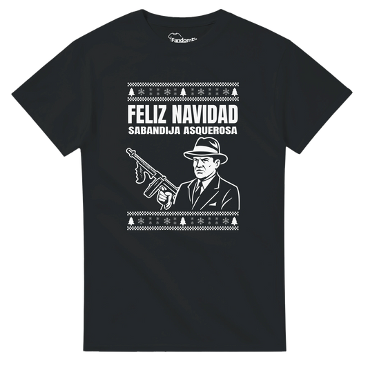 Camiseta navideña friki con ilustración gangster sobre fondo oscuro