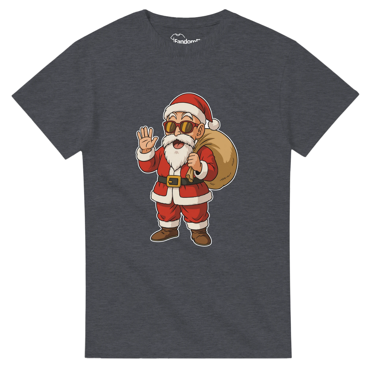 Camiseta navideña friki Santa-House en vista frontal con Papá Noel estilo anime sosteniendo un saco