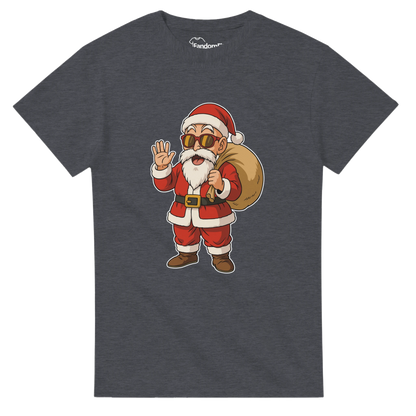 Camiseta navideña friki Santa-House en vista frontal con Papá Noel estilo anime sosteniendo un saco