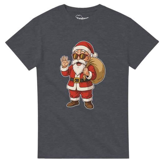 Camiseta navideña friki Santa-House en vista frontal con Papá Noel estilo anime sosteniendo un saco
